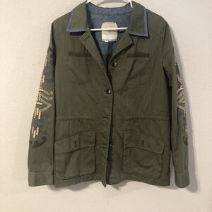 Hei Hei Anthropologie Jacket Size M Olive Cinch Waist Military Beaded Detail